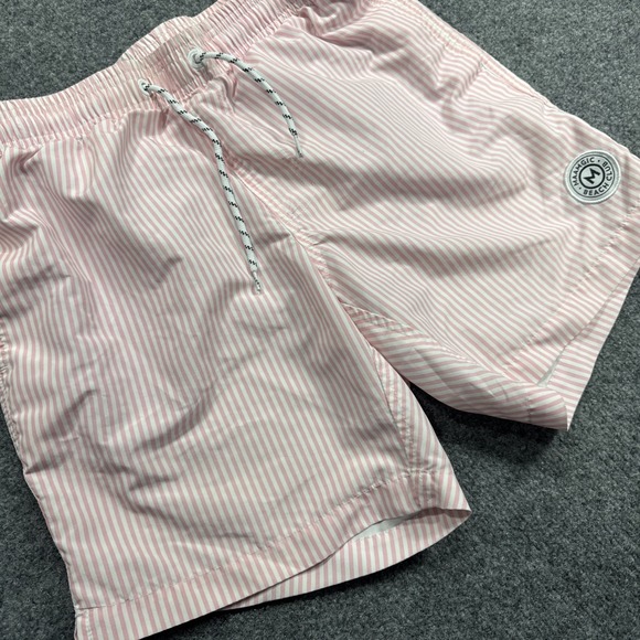 Maamgic Beach Club Mens Pink & White Striped‎ Quick Dry Drawstring Swim Trunks S - Picture 1 of 5